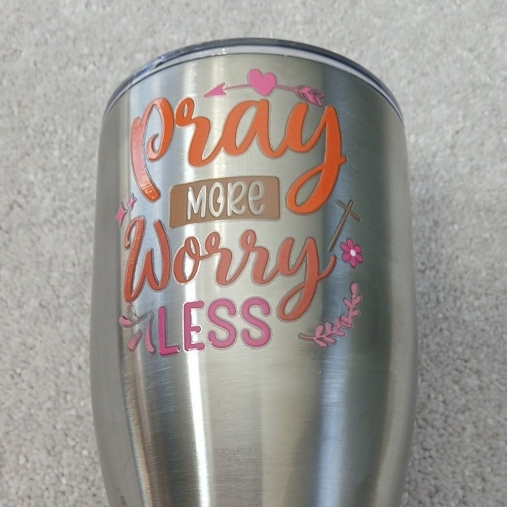 Stainless Steel Travel Tumbler Silver NWOT 32oz Pray More Worry Less Orange Pink